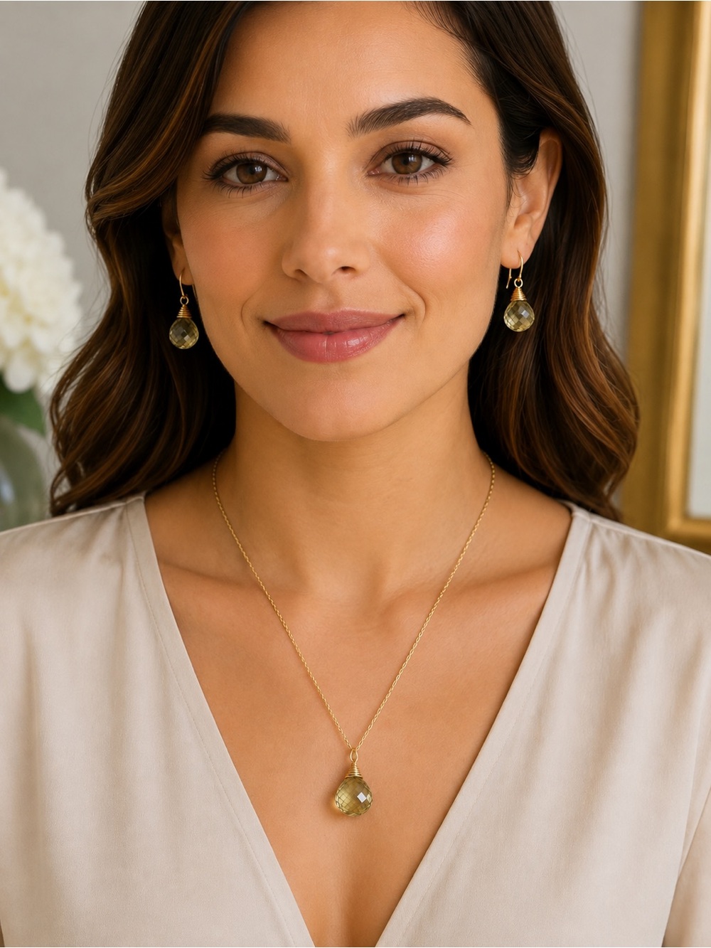 Smoky Lemon Quartz Briolette Necklace & Earrings Set